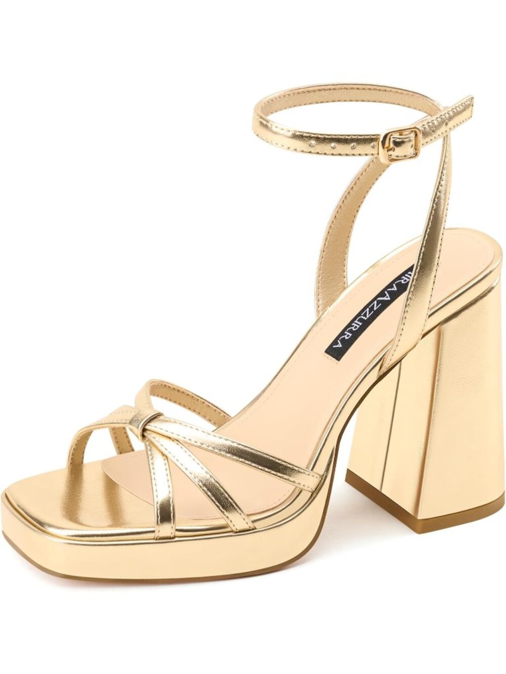 Women's Gold 4 inch Buckle Ankle Strap Chunky Toe Square Open Heeled Sandals